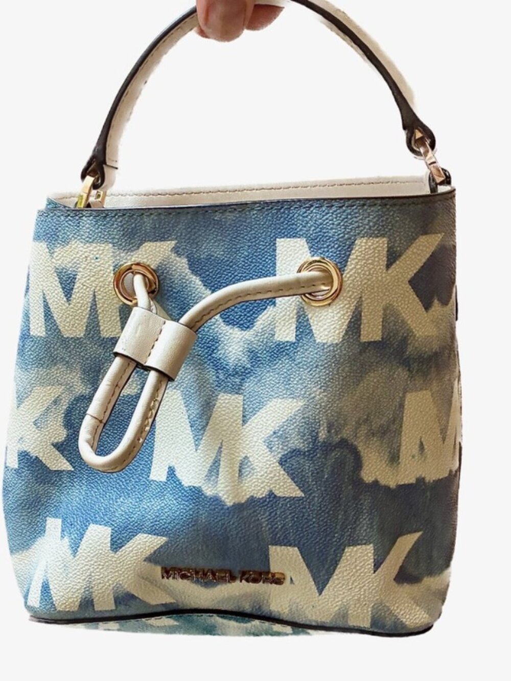 Michael Kors Suri Small Bucket Bag Pale Blue Tie Dye MK Graphic Logo Top Handle